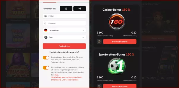 Schnell registrieren 1 Go Casino und gleich spielen